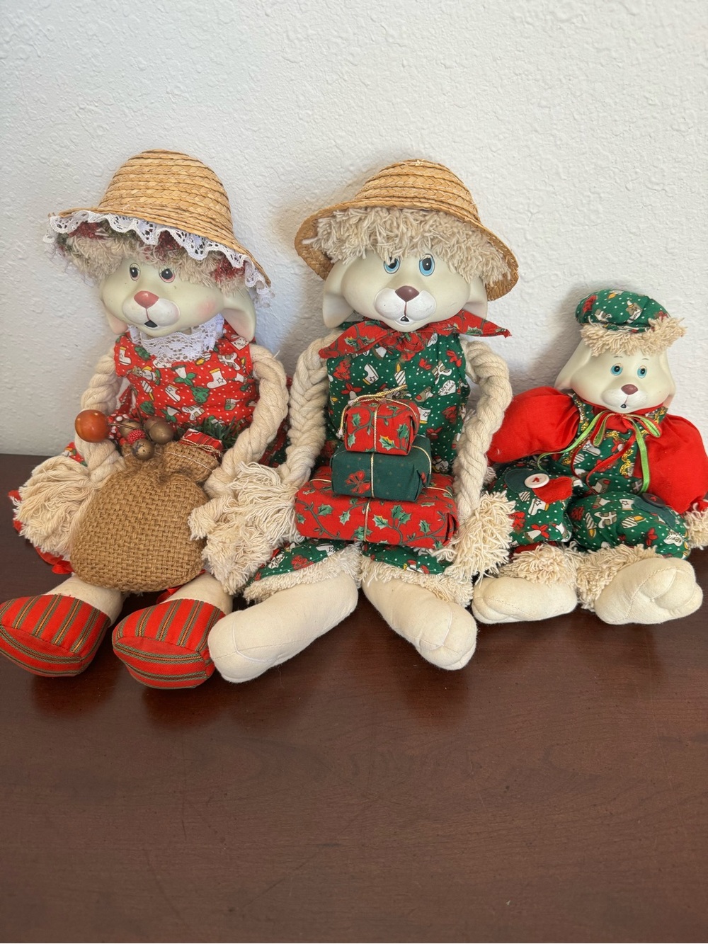 Festive Holiday Rag Doll Bunnies in Red & Green